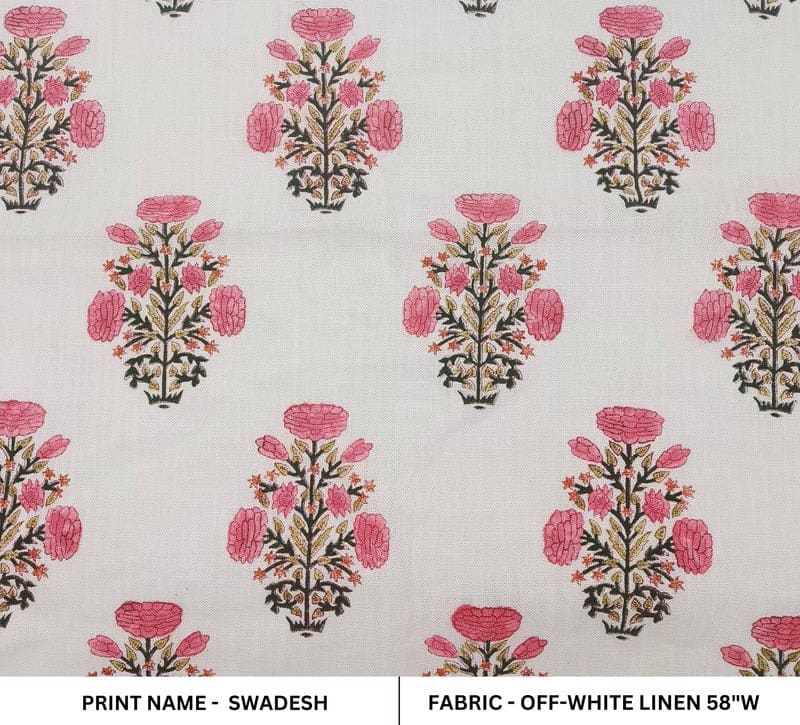 Hand Block Print Pink & Green Off-White Linen Fabric - Swadesh Indian