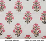 Hand Block Print Pink & Green Off-White Linen Fabric - Swadesh Indian