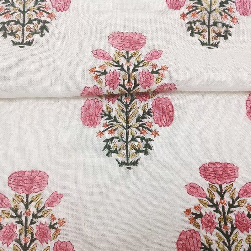 Hand Block Print Pink & Green Off-White Linen Fabric - Swadesh Indian