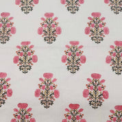 Hand Block Print Pink & Green Off-White Linen Fabric - Swadesh Indian