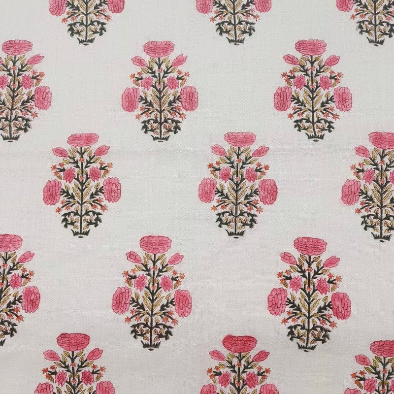 Hand Block Print Pink & Green Off-White Linen Fabric - Swadesh Indian