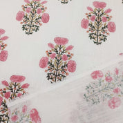 Hand Block Print Pink & Green Off-White Linen Fabric - Swadesh Indian