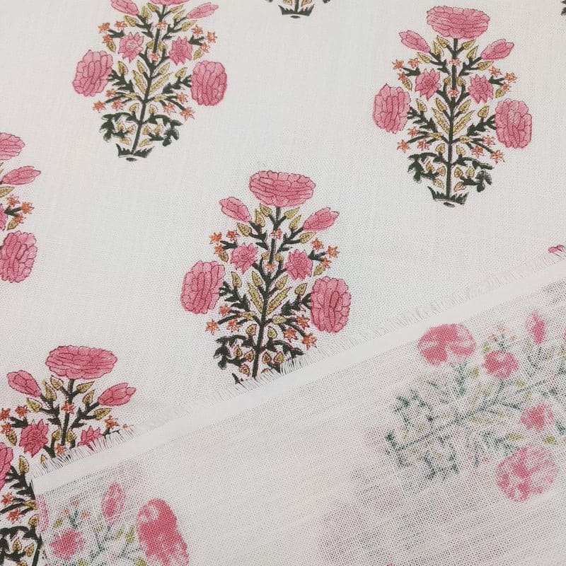 Hand Block Print Pink & Green Off-White Linen Fabric - Swadesh Indian
