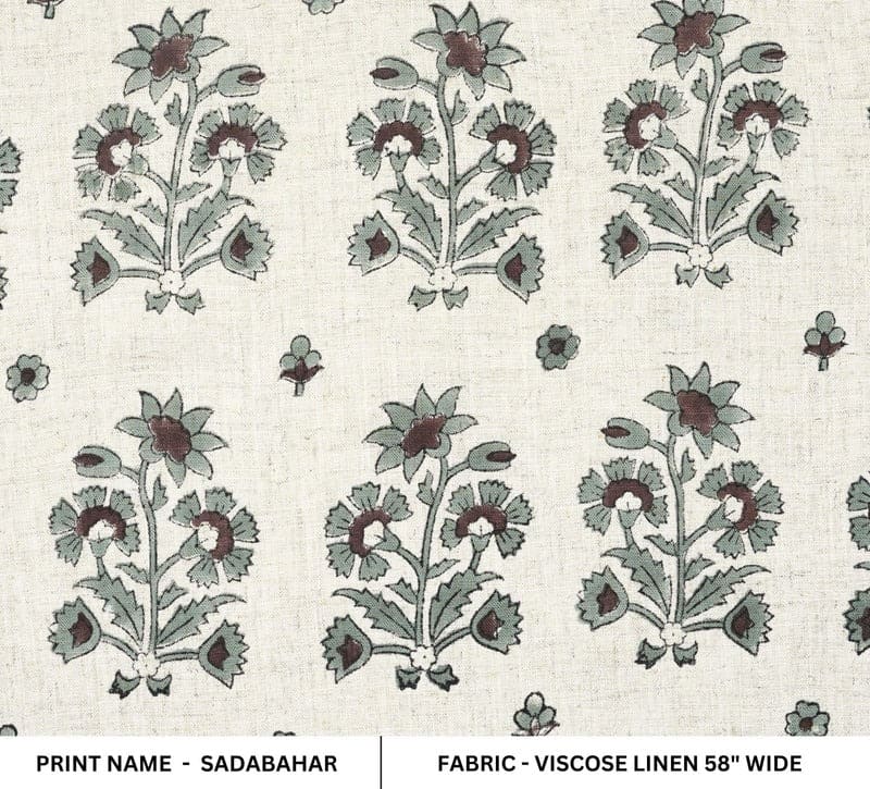 Premium Hand Block Print Gray & Brown Viscos Linen Fabric - Sadabahar