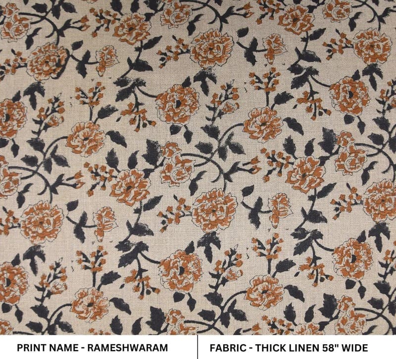 Hand Block Print Black Pure Linen Fabric For Sofa Pillow - Rameshwaram