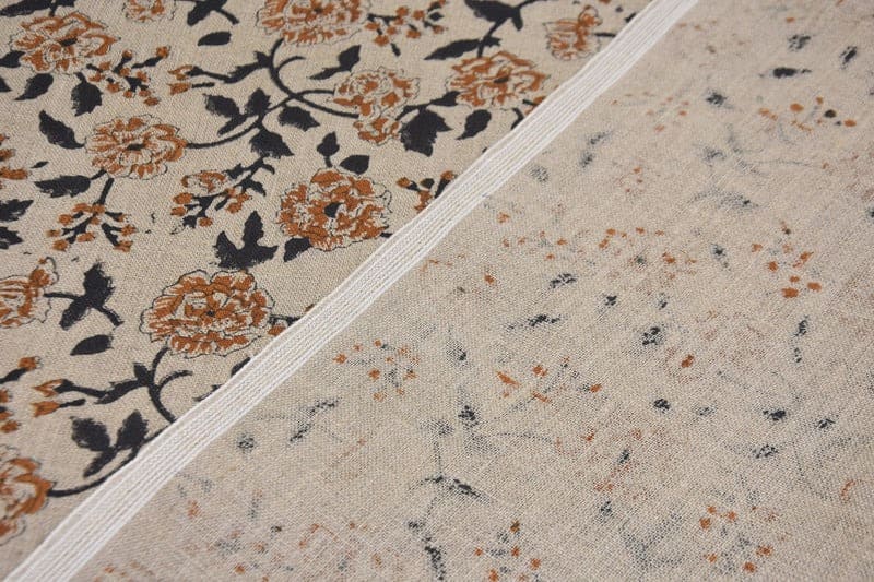 Hand Block Print Black Pure Linen Fabric For Sofa Pillow - Rameshwaram
