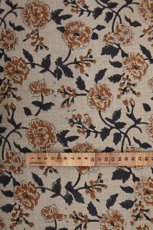 Hand Block Print Black Pure Linen Fabric For Sofa Pillow - Rameshwaram