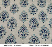 Hand Block Print Blue Duck Canvas Fabric For Cushion - Betel Leaf