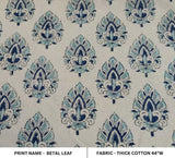 Hand Block Print Blue Duck Canvas Fabric For Cushion - Betel Leaf