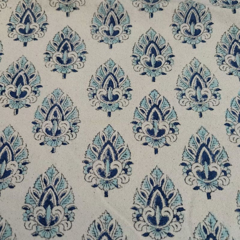 Hand Block Print Blue Duck Canvas Fabric For Cushion - Betel Leaf