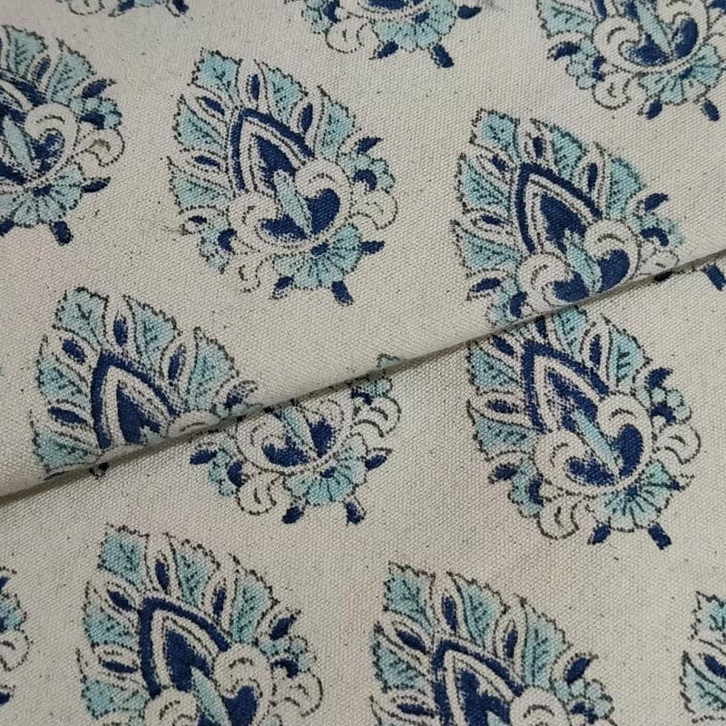 Hand Block Print Blue Duck Canvas Fabric For Cushion - Betel Leaf