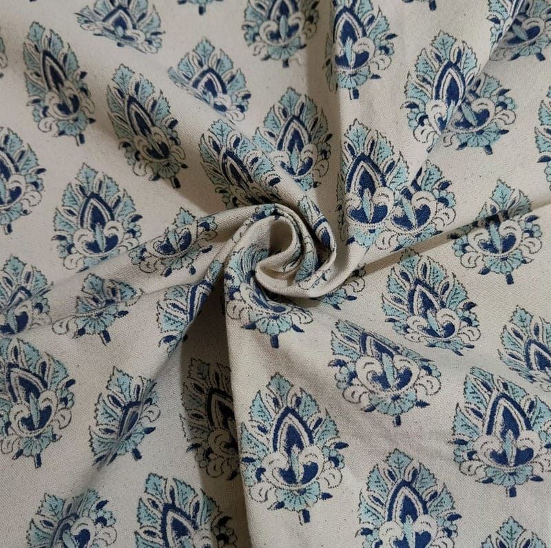 Hand Block Print Blue Duck Canvas Fabric For Cushion - Betel Leaf