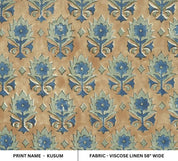 Hand Block Print Blue Floral Linen Natural Fabric- Kusum