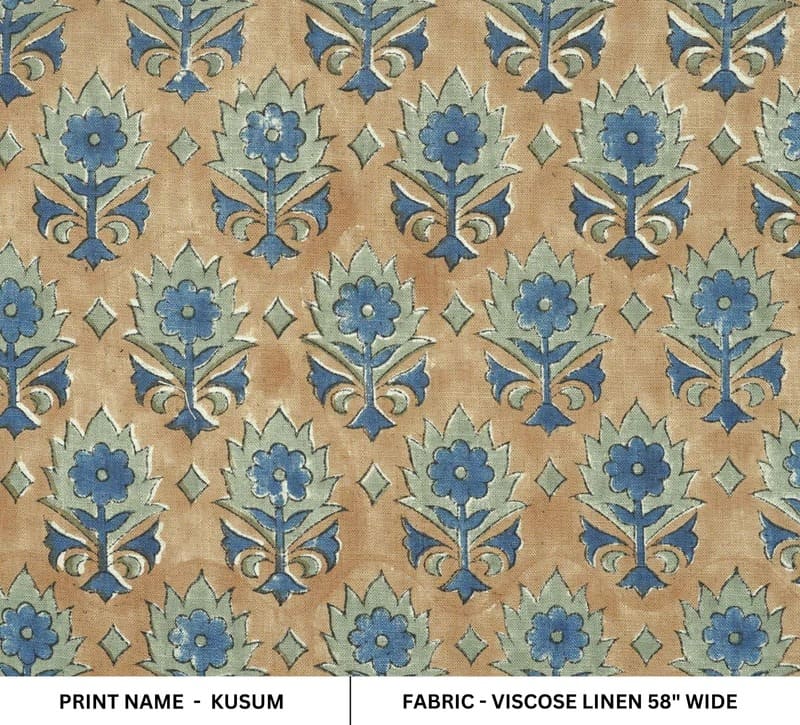 Hand Block Print Blue Floral Linen Natural Fabric- Kusum