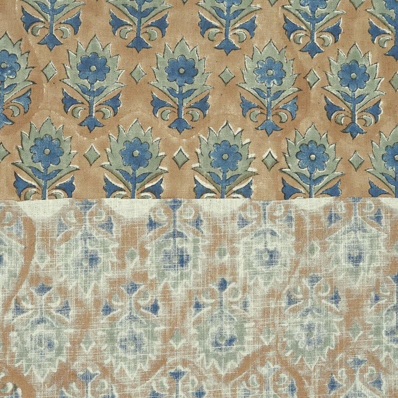 Hand Block Print Blue Floral Linen Natural Fabric- Kusum