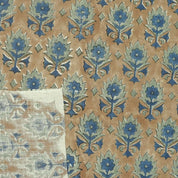 Hand Block Print Blue Floral Linen Natural Fabric- Kusum