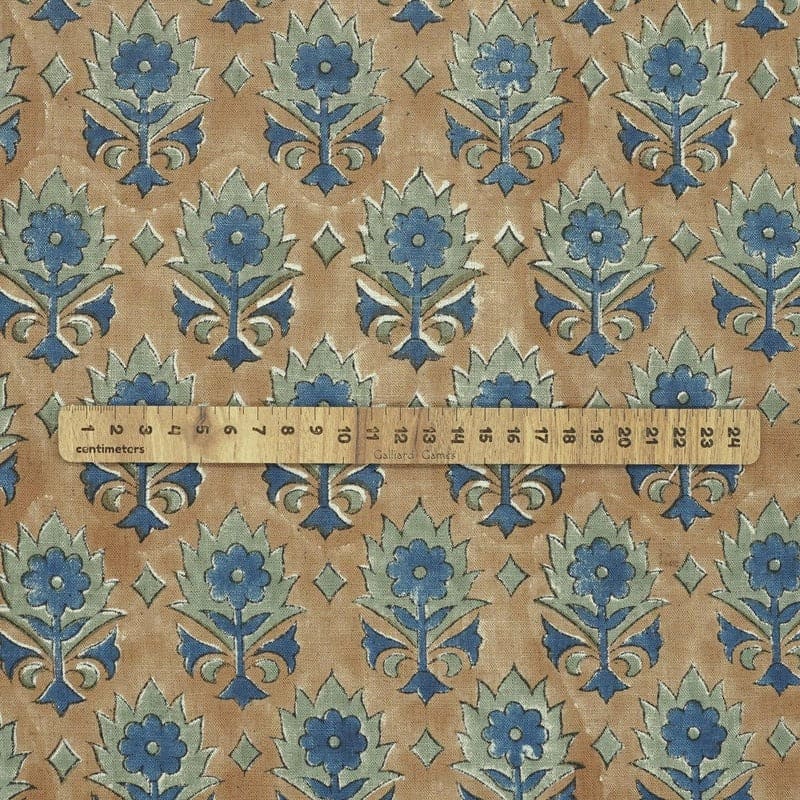 Hand Block Print Blue Floral Linen Natural Fabric- Kusum