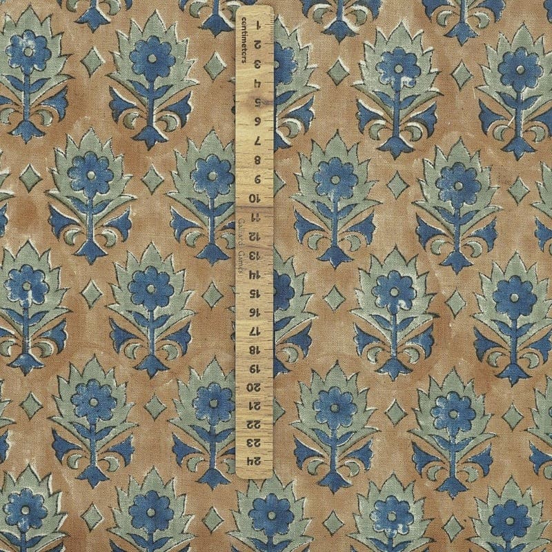 Hand Block Print Blue Floral Linen Natural Fabric- Kusum