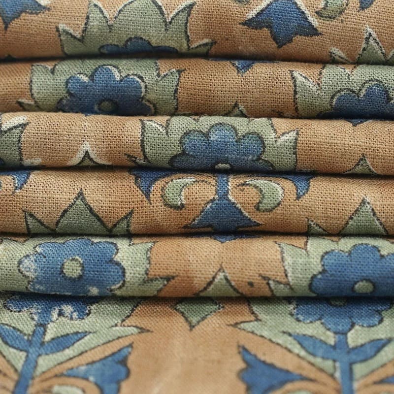 Hand Block Print Blue Floral Linen Natural Fabric- Kusum