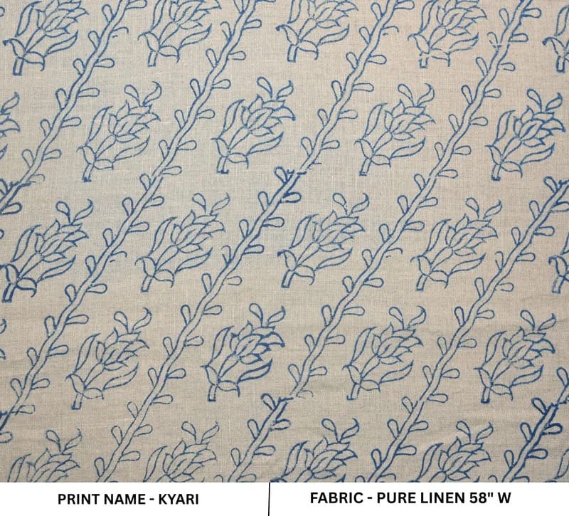 Hand Block Print Blue Linen Fabric For Decorative Home Accents - Kyari