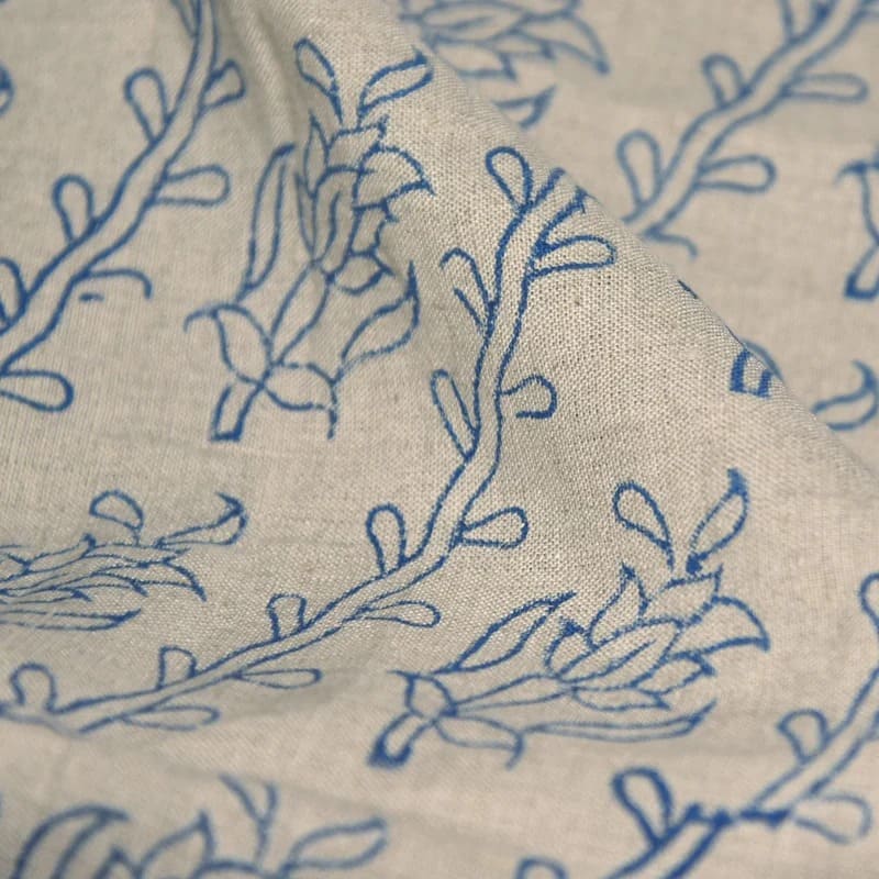 Hand Block Print Blue Linen Fabric For Decorative Home Accents - Kyari