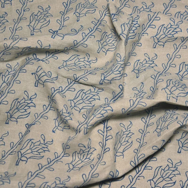 Hand Block Print Blue Linen Fabric For Decorative Home Accents - Kyari