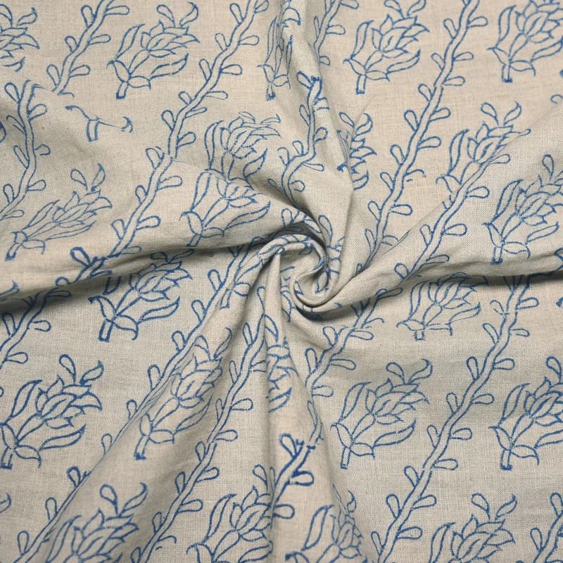 Hand Block Print Blue Linen Fabric For Decorative Home Accents - Kyari