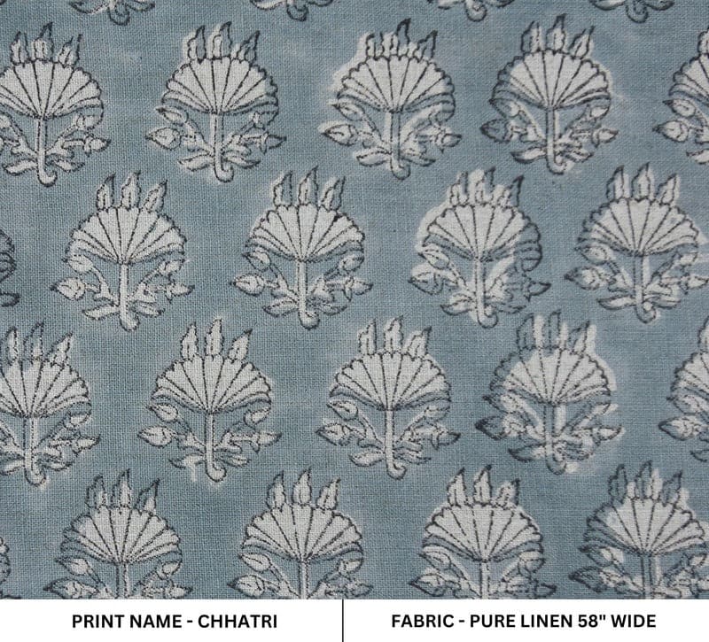 Hand Block Print Blue Pure Linen Fabric For Interior - Chhatri