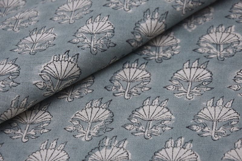 Hand Block Print Blue Pure Linen Fabric For Interior - Chhatri