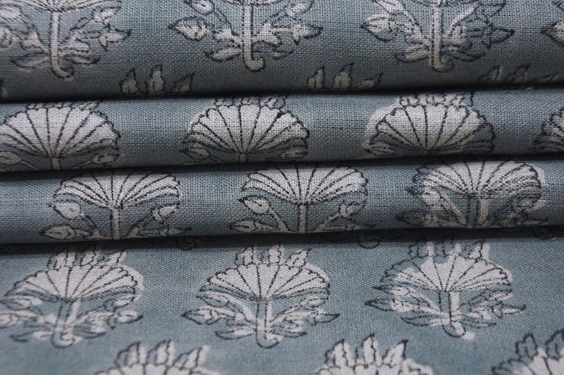 Hand Block Print Blue Pure Linen Fabric For Interior - Chhatri