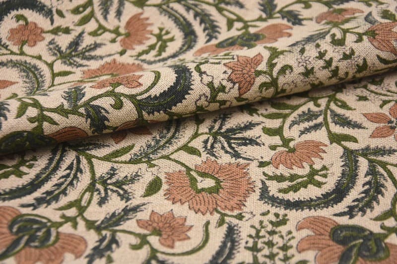 Hand Block Print Brown Floral Thick Linen Fabric - Kundanavan