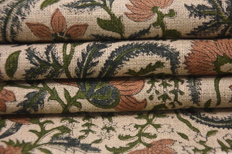 Hand Block Print Brown Floral Thick Linen Fabric - Kundanavan