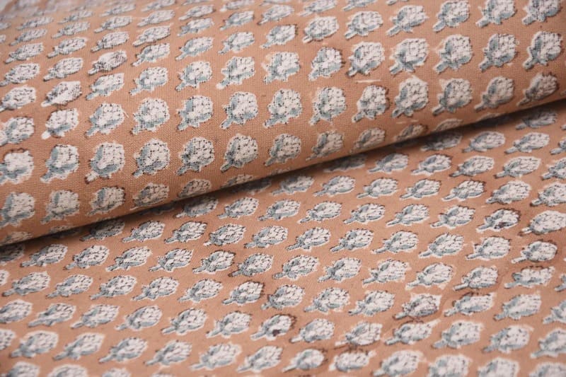 Hand Block Print Brown Mini Floral Duck Canvas Fabric - Mogra Phool