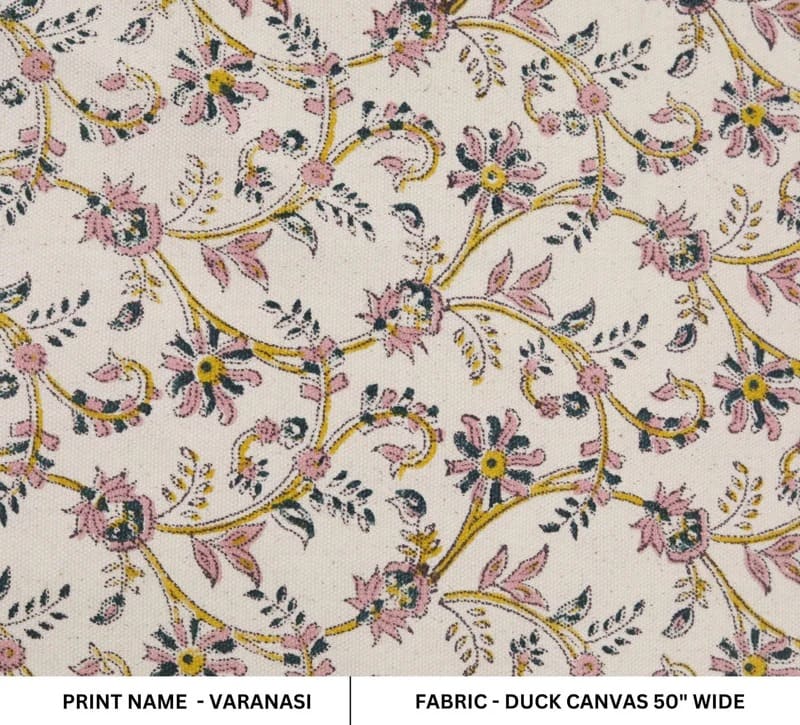 Handmade Block Printed Pink & Pastel Duck Canvas Fabric – Varanasi