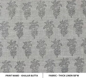 Hand Block Print Grey FloralThick Linen Fabric  - Khajur Butta