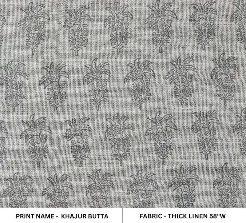 Hand Block Print Grey FloralThick Linen Fabric  - Khajur Butta
