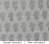 Hand Block Print Grey FloralThick Linen Fabric  - Khajur Butta