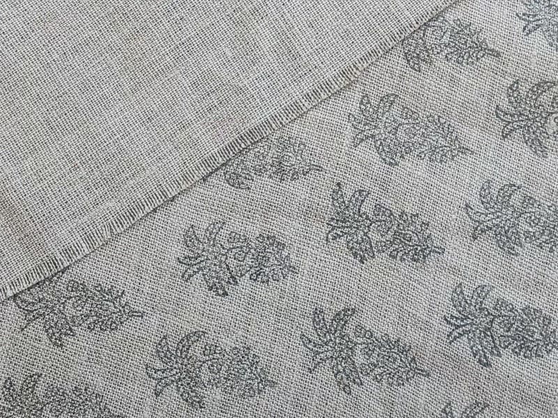Hand Block Print Grey FloralThick Linen Fabric  - Khajur Butta