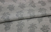 Hand Block Print Grey FloralThick Linen Fabric  - Khajur Butta
