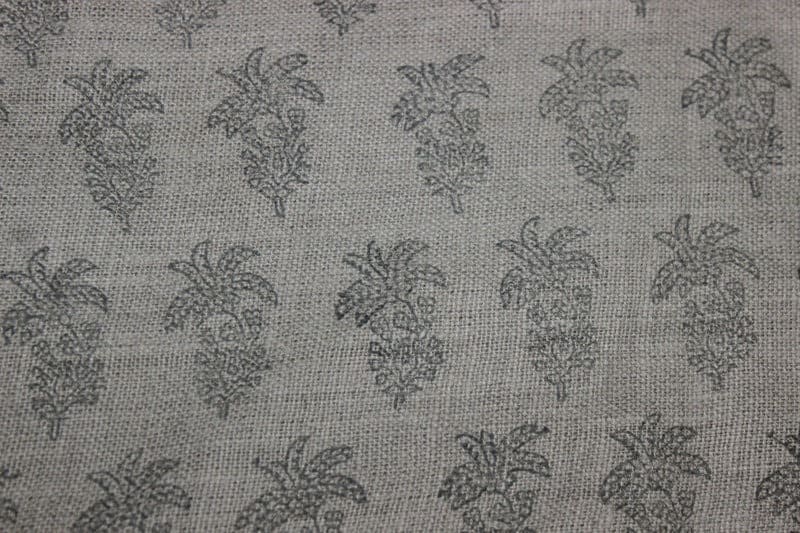 Hand Block Print Grey FloralThick Linen Fabric  - Khajur Butta