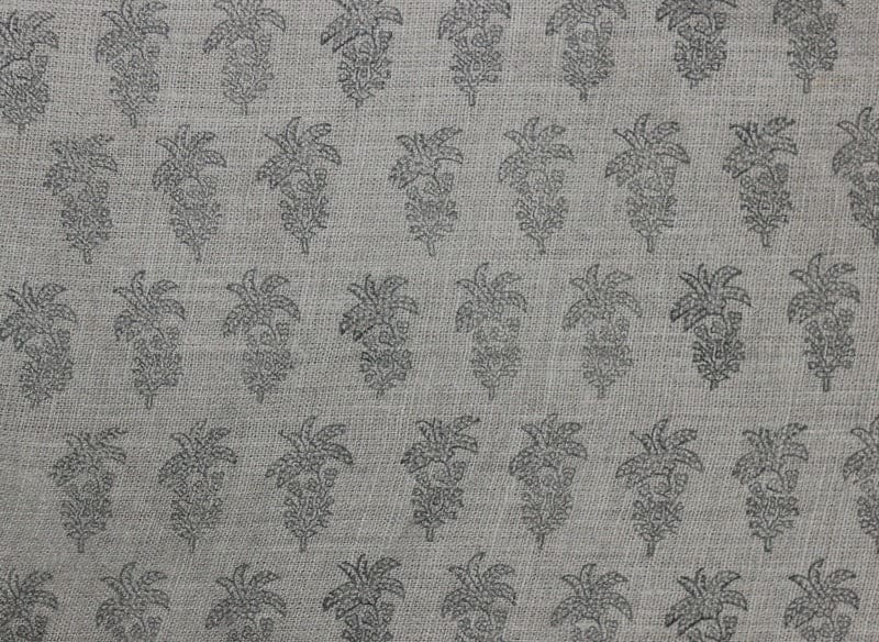 Hand Block Print Grey FloralThick Linen Fabric  - Khajur Butta
