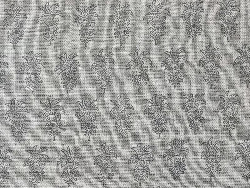 Hand Block Print Grey FloralThick Linen Fabric  - Khajur Butta