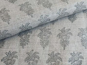 Hand Block Print Grey FloralThick Linen Fabric  - Khajur Butta