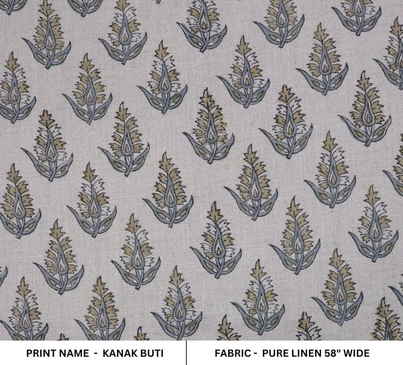 Handcrafted Block Print Floral Green & Gray Pure Fabric - Kanak Buti