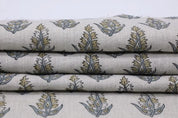 Handcrafted Block Print Floral Green & Gray Pure Fabric - Kanak Buti