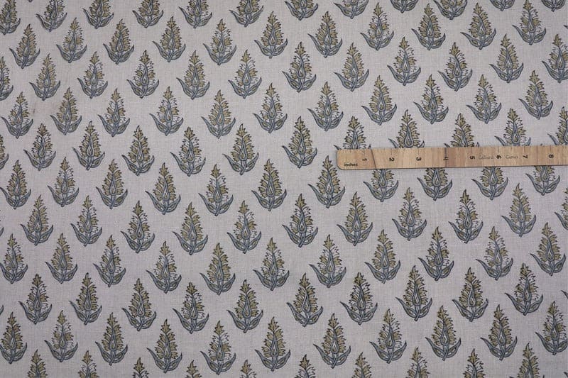 Handcrafted Block Print Floral Green & Gray Pure Fabric - Kanak Buti
