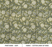 Hand Block Print Floral Linen Fabric for Home Decor - Gopi