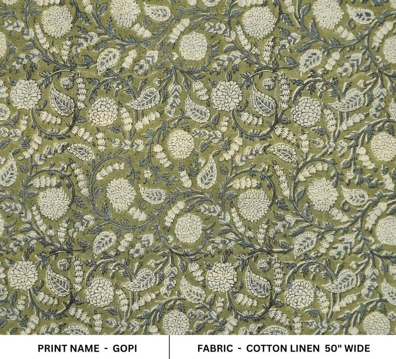 Hand Block Print Floral Linen Fabric for Home Decor - Gopi