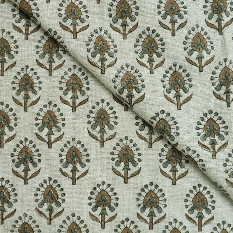 Hand Block Print Floral Motif Viscose Linen Fabric- Gurukul