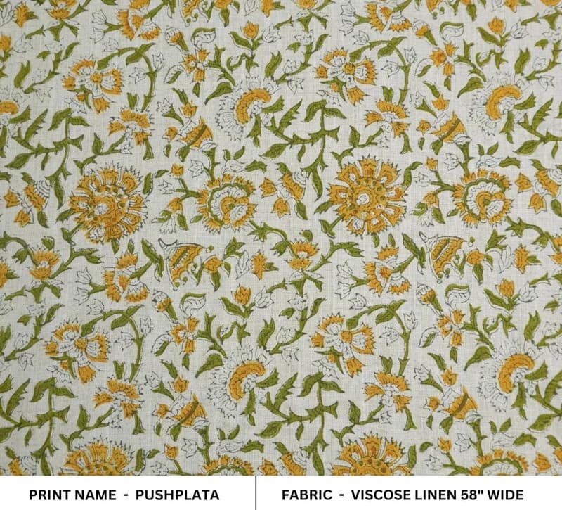 Hand Block Print Floral Viscose Linen Fabric 58" Pushplata